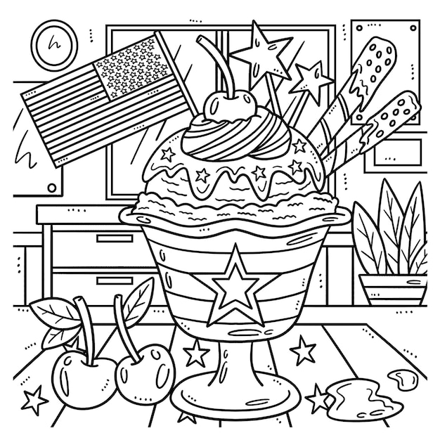 Ice Cream Parfait with Flag Isolated Coloring Page