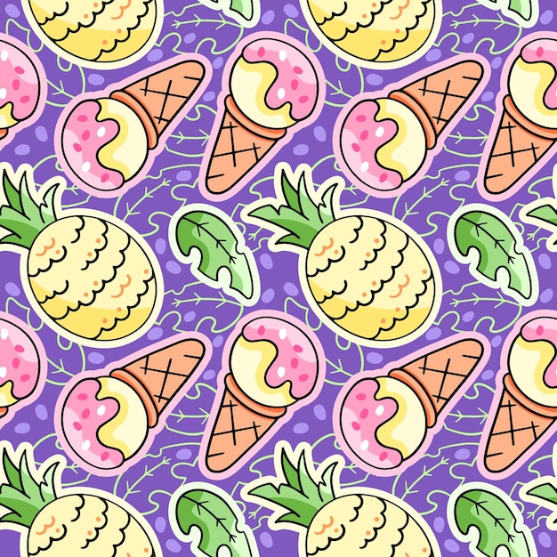 Ice cream and pineapple summer and refreshing pattern vector seamless pattern in the style of doodles hand drawn