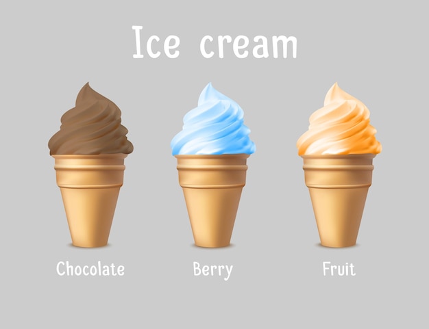 Ice cream products ad vector d illustration ice cream cones template design brand advertisement post...