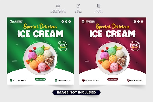 赤と緑の背景を持つアイス クリーム販売ソーシャル メディア ポスト ベクトル マーケティングのためのシンプルなアイス クリーム プロモーション web バナー デザイン写真のプレース ホルダーとおいしい食べ物とアイス クリーム ポスター ベクトル
