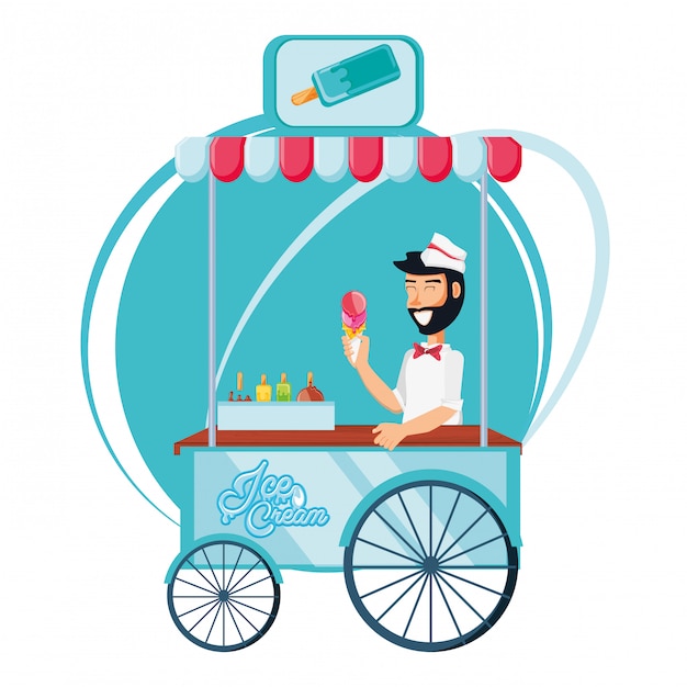 Ice cream sales man in cart kiosk character