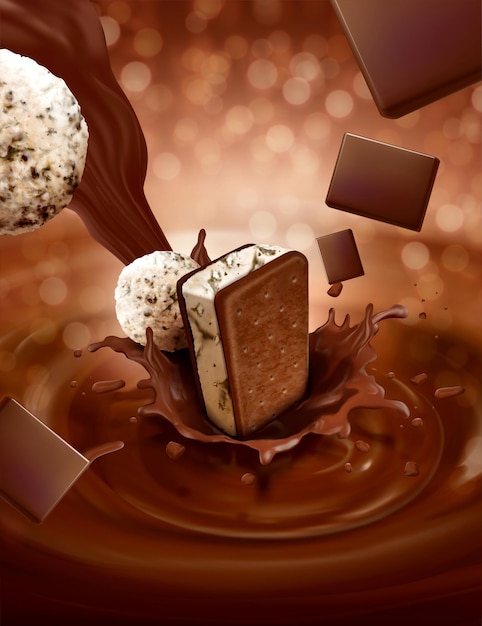 Ice cream sandwich cookie with pouring chocolate sauce on brown glitter background in 3d illustration