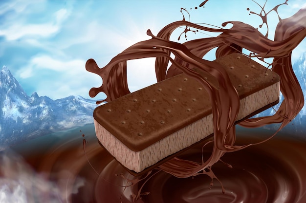 3d 그림에서 자연 산 배경에 초콜릿 소스를 붓는 아이스크림 샌드위치 쿠키