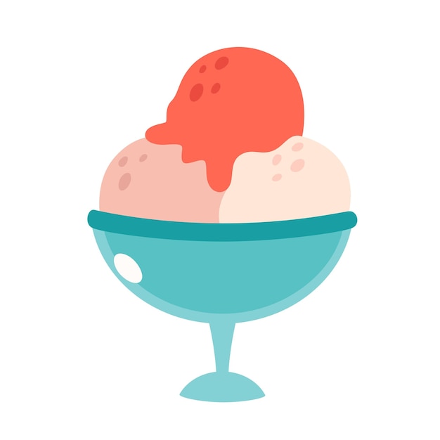 さまざまなフレーバーのトッピングとイチゴのガラスのアイスクリームスクープ夏のこんにちは夏
