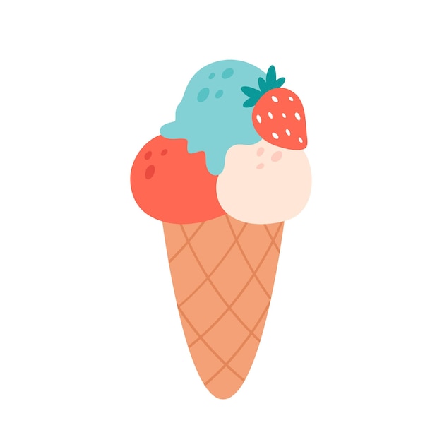 さまざまなフレーバーのトッピングとイチゴの夏のワッフルコーンのアイスクリームスクープ
