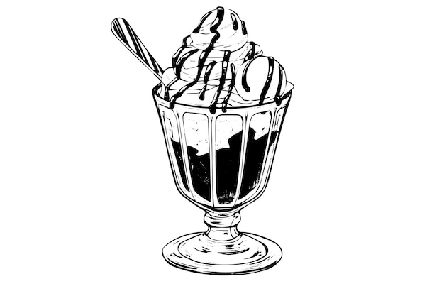 Ice cream scoops with berries and wafer sticks in glass cup ink sketch engraved vector illustration