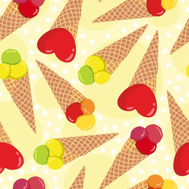 와플 거품이 있는 여러 가지 다채로운 밝은 아이스크림 콘의 아이스크림 무 ⁇  무 ⁇  패턴 세트 음식