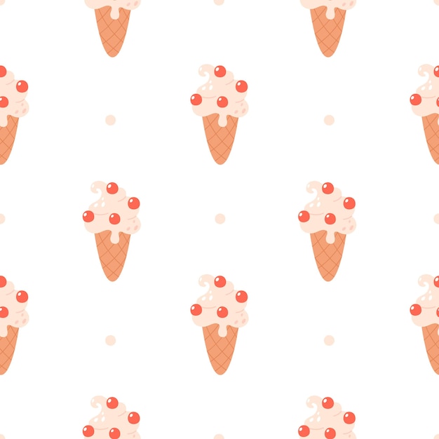 Ice cream seamless pattern Vanilla ice cream in waffle cone with cherry