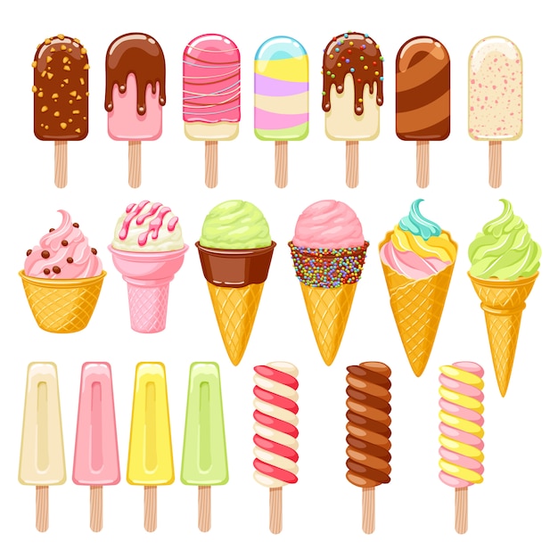 Vector ice cream set. colorful ice-cream cones and popsicles.