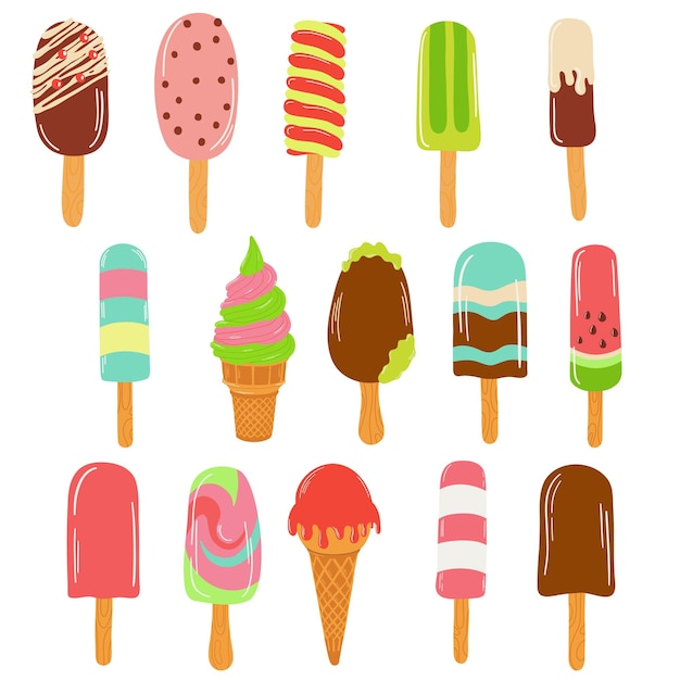 Vector ice cream set colorful icecream cones and popsicles isolated icecream cones and popsicle with different topping