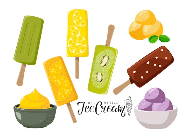 Ice cream set. different varieties and types ice cream. sweet delicious frozen dessert.