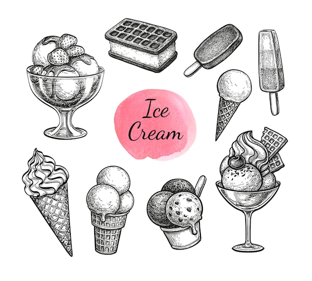 Ice cream set. Hand drawn ink sketches.