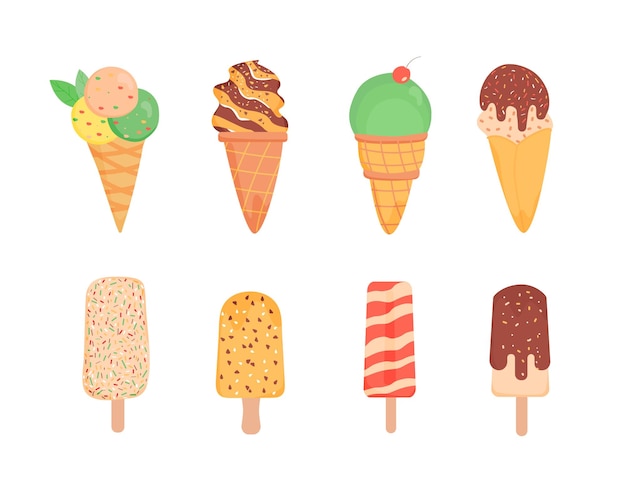 アイスクリームセットトッピングの異なるアイスクリームコレクションフラットデザイン