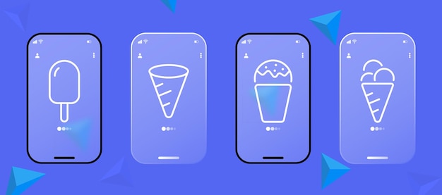 Ice cream set icon cone dessert sweet delicious cafe restaurant street food fast food harmful take away icing cooking kitchen eating concept ui phone app screens galssmorphism