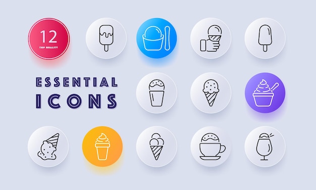 Ice cream set icon Sweet tasty dessert popsicle horn ice cream balls street eating out restaurant cooking Fast food concept Neomorphism style Vector line icon for Business and Advertising
