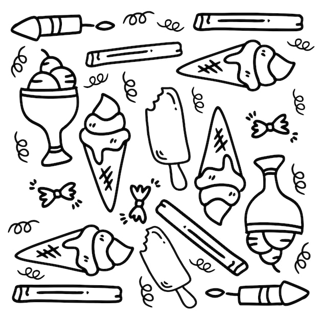 Vector ice cream set with doodle line style vector