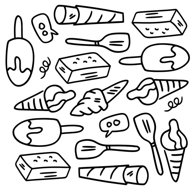 Ice cream set with doodle line style vector