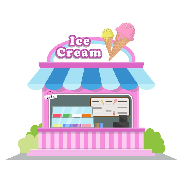 Ice cream shop. the facade of shop icon in flat style design