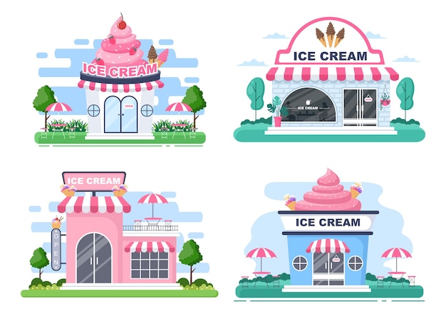 Ice cream shop illustration with open board, tree, and building store exterior. flat design concept