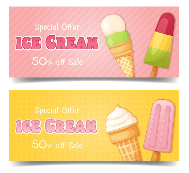 Vector ice cream shop promotional banner card flyer set