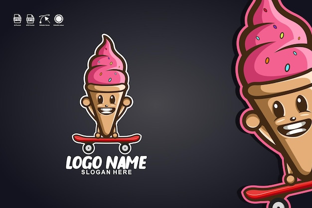 Vettore gelato skateboarding simpatico personaggio mascotte logo design