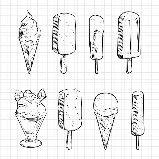 Vector ice cream sketch collection on notebook page isolated