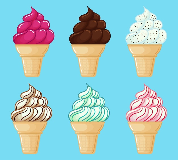 Vector ice cream soft in a cone in different flavors