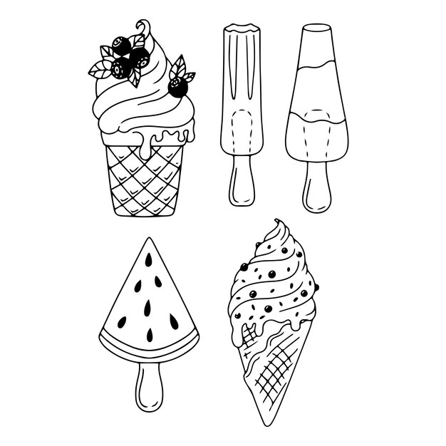 Gelato su un bastone e coppe per cialde disegnate a mano in stile doodle frutta in bianco e nero illustrazione vettoriale isolata su sfondo bianco