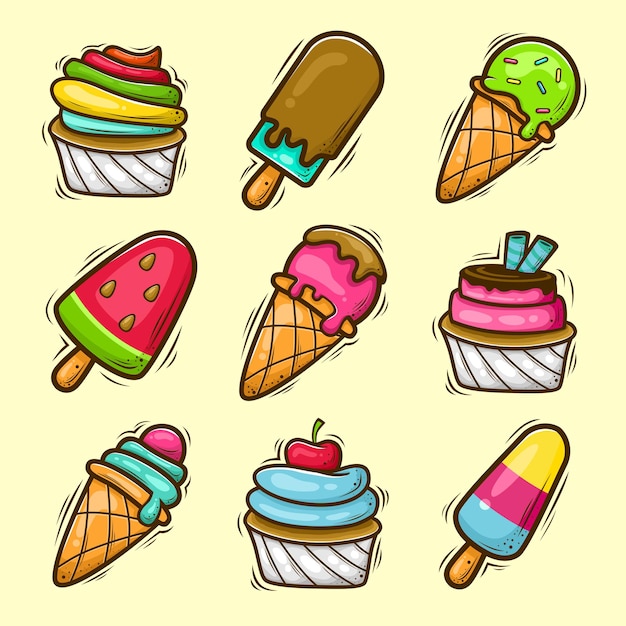 Ice cream sticker icons hand drawn doodle 