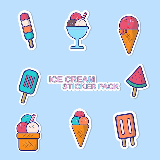 Ice cream sticker set collection vector illustration Flat cartoon style design Ice cream sticker