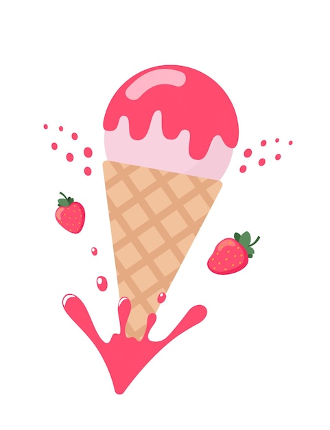 Ice cream strawberry cone dessert Dairy product with fresh and ripe strawberry Vector illustration