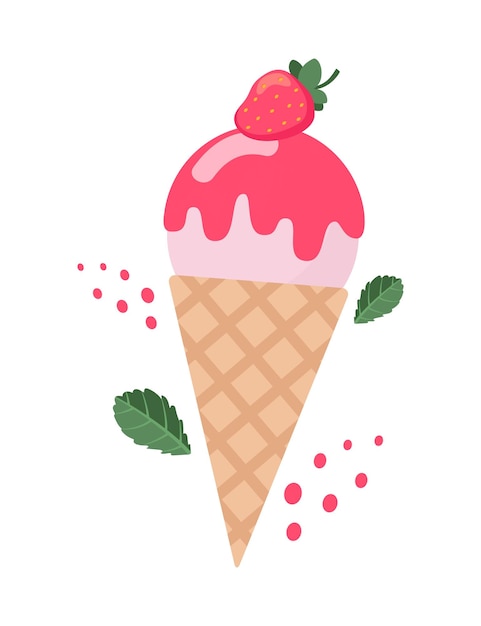 アイスクリームストロベリーコーンデザート新鮮で熟したイチゴの乳製品ベクトルイラスト