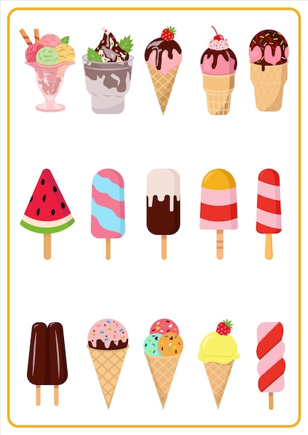 Ice cream summer collection set vector illustration Hot weather and sweet food