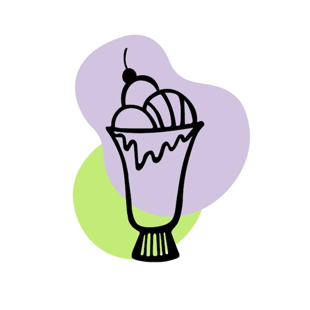 Ice cream sundae line doodle Sundae met drie ballen met kers met groene en paarse vlekken