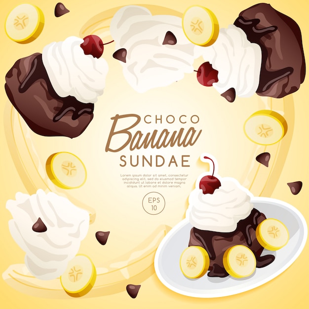 Vector ice cream sundae set, chocolate banana sundae.