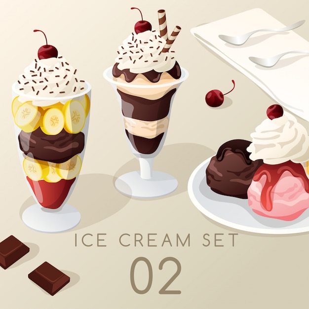 Vector ice cream sundae set .