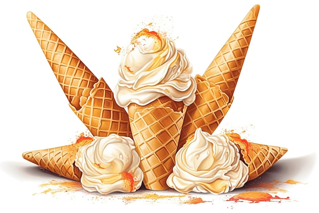 Ice cream sweet watercolor vector illustration Cold creamy dessert in waffle cone