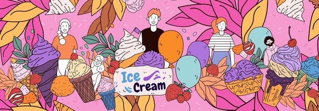 Vector ice cream theme colorful playful design features smiling people surrounded by various ice cream