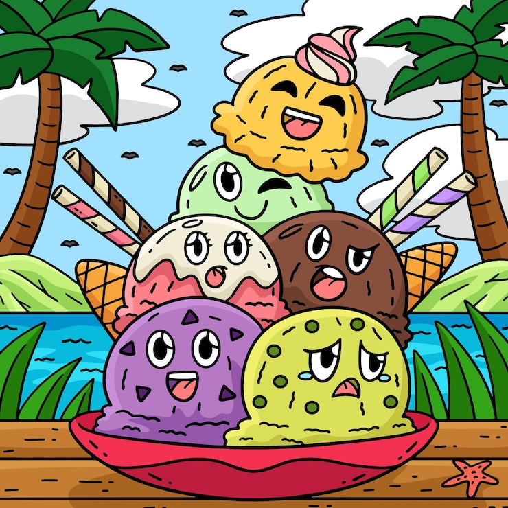 Vector ice cream tower colored cartoon illustration