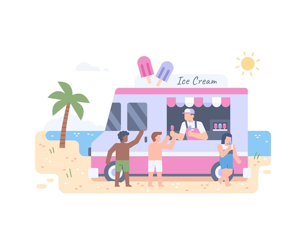 Vector ice cream truck at beach