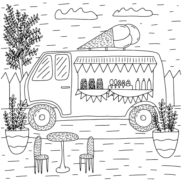 Ice cream truck coloring page vector illustration Ice cream van street kiosk coloring