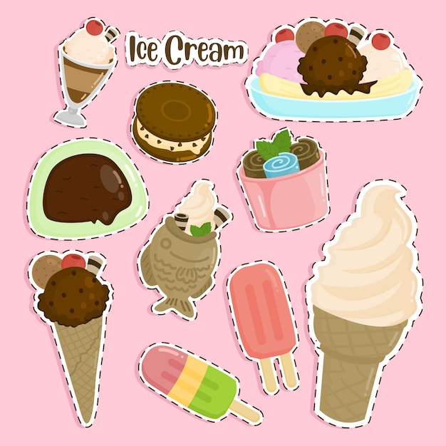 Vettore illustrazione stabilita dell'autoadesivo sveglio dei tipi di gelato