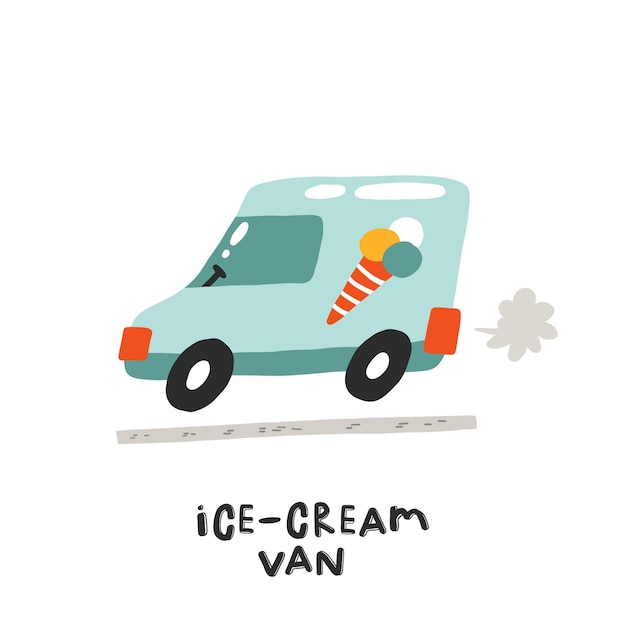 Фургон с мороженым. Ручная иллюстрация в мультяшном стиле. Транспортные игрушки. Симпатичная концепция для детей