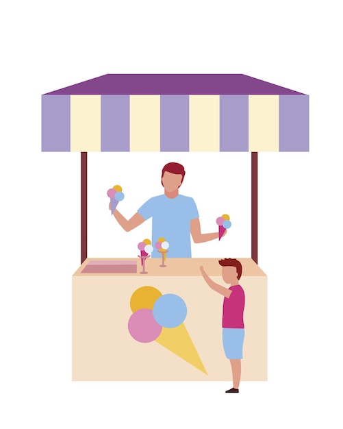 Ice cream vendor with kiosk server semi flat color vector character