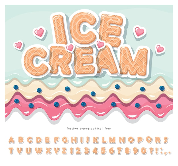 Vector ice cream wafer font cute cartoon alphabet paper cut out sweet letters and numbers