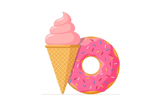 Ice cream waffle cone and donut with pink icing and sugar sprinkles plombir and sweet doughnut