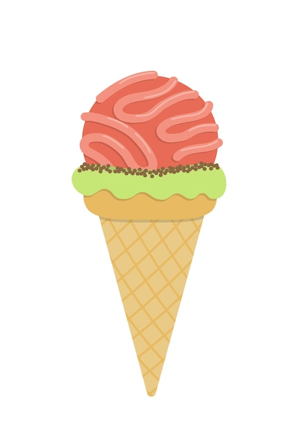 Ice cream Waffle cone with pink scoop Flat cartoon vector