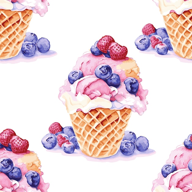 Ice cream in waffle cup with strawberries and blueberries vector seamless pattern