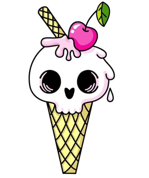 白い背景の上のかわいいスカルとアイスクリーム頭蓋骨の形でワッフルボウルのアイスクリームの画像頭蓋骨の頭とカラーアイスクリームタトゥープリントカバーのデザインコンセプトベクトル