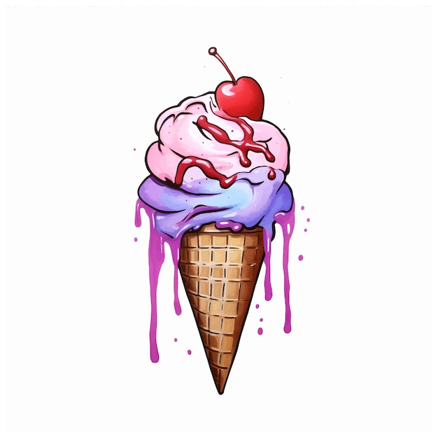 Vector ice cream with cherry watercolor paint